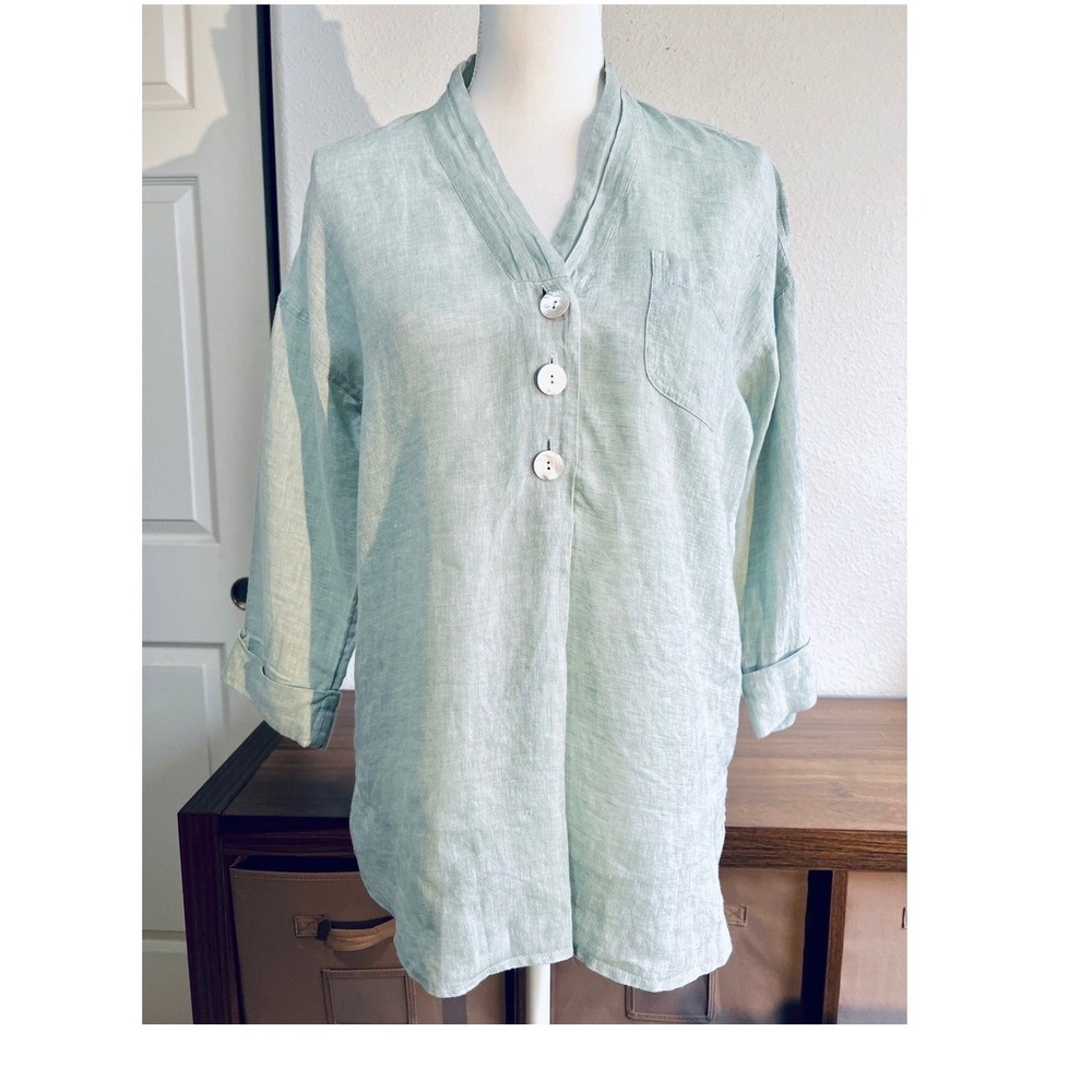 Pure Jill Women Linen Tunic Top Seafoam Green 3/4 Sleeve V-Neck
Boho Beachy Chic